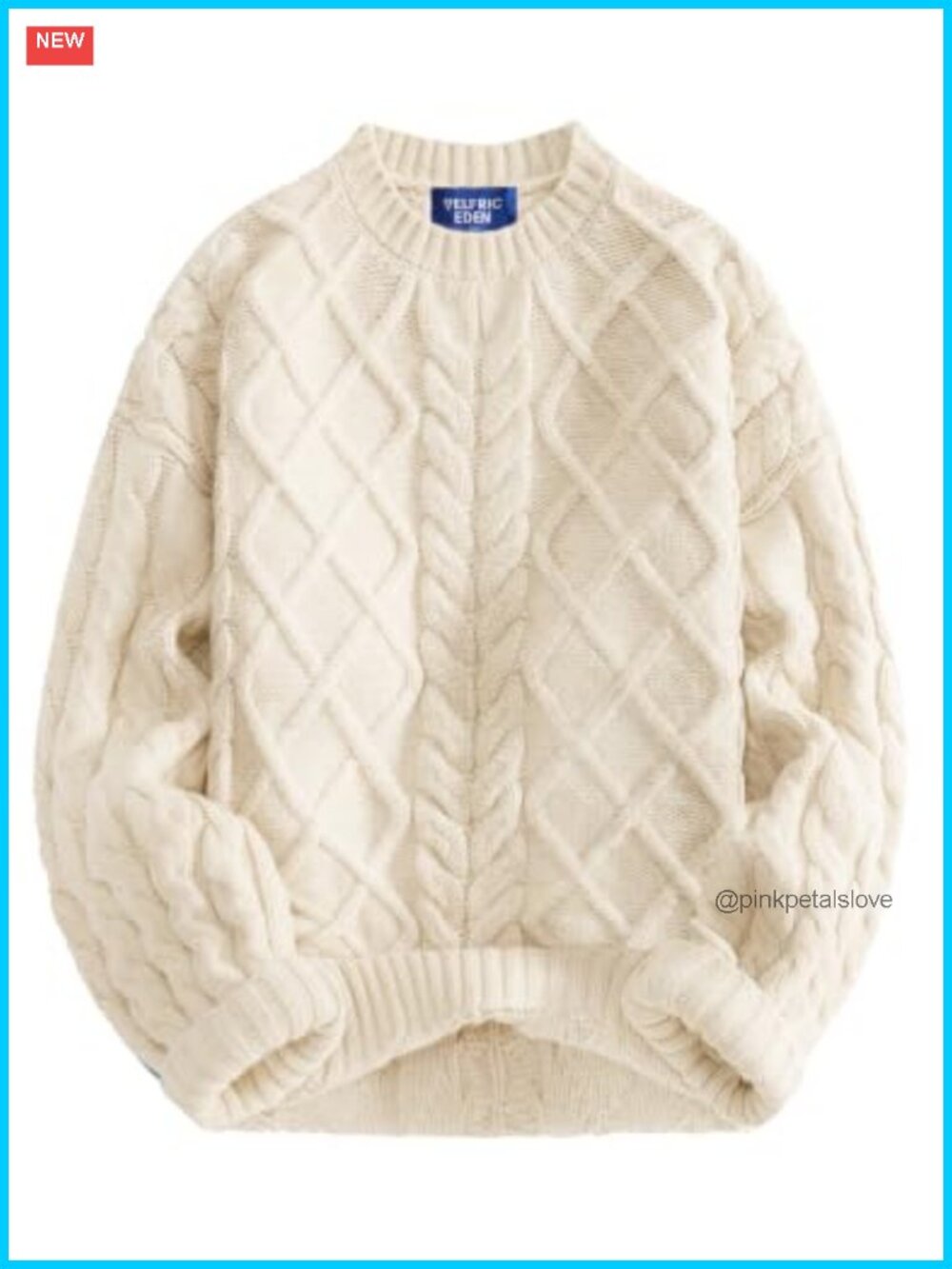 Oversized Cable Knit Sweater Lantern Sleeve Crewneck Pullover